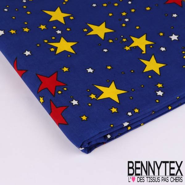 Wax Africain N°123 : Motif Etoiles rouge jaune et blanche Fond ciel bleu roy Wax Africain N°123 : Motif Etoiles rouge jaune et blanche Fond ciel bleu roy