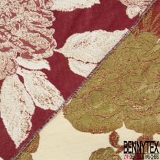 Brocart de luxe motif grande fleur baroque citron lurex or clair fond jaune pastel