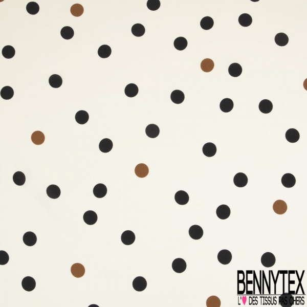 Crêpe viscose imprimé digital gros pois noir cappuccino fond blanc cassé