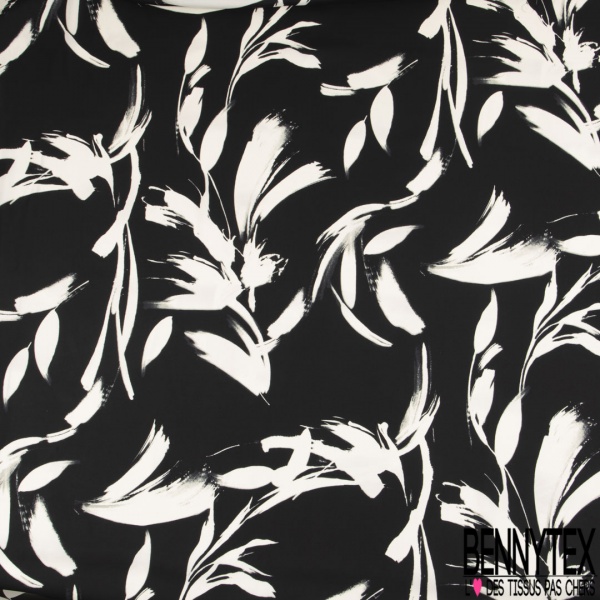 Satinette polyester imprimé grande fleur marine bleu roi fond blanc discret