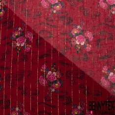 Mousseline crêpon viscose imprimé digital floral cachemire fond rosée du matin rayure lurex or verticale