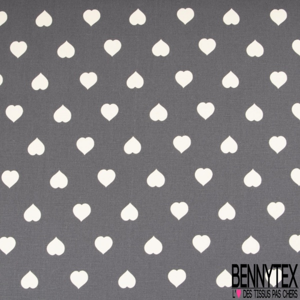 Lin coton imprimé coeur blanc cassé fond souris