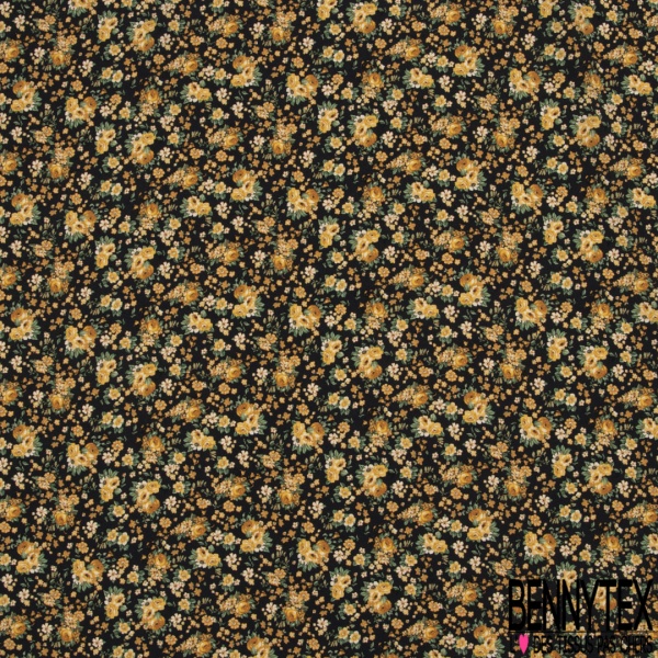 Crêpe viscose digital imprimé petite fleur jaune pastel fond noir