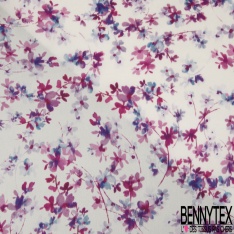 Satin polyester motif floral bleu champêtre fond blanc discret