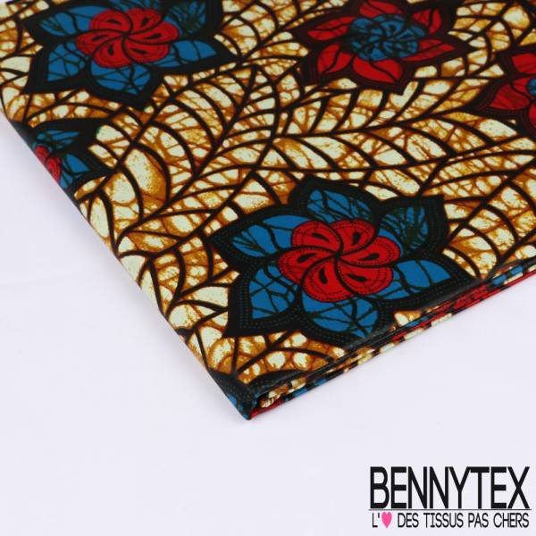 Wax Africain N°191: Motif Fleurs rouge et bleu fond Marbré Cappuccino