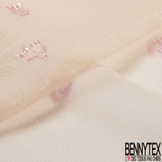 Mousseline soie lancée découpée fleur rose coeur lurex or fond rose dragées
