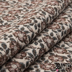 Jacquard imprimé pied de coq stylisé noir blanc framboise fond rose trémière