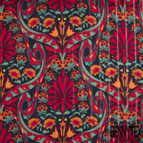 Coupon 3m Fibranne viscose imprimé papier peint seventie's fushia rose corail fond crème
