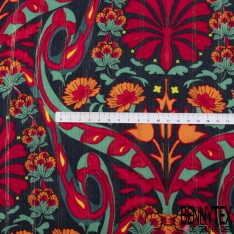 Coupon 3m Fibranne viscose imprimé papier peint seventie's fushia rose corail fond crème
