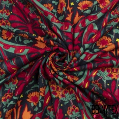 Coupon 3m Fibranne viscose imprimé papier peint seventie's fushia rose corail fond crème