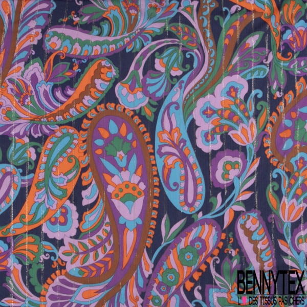 Coupon 3m Fibranne viscose imprimé cachemire vintage multicolore fond noir fine rayure verticale lurex argent