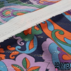 Coupon 3m Fibranne viscose imprimé cachemire vintage multicolore fond noir fine rayure verticale lurex argent