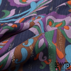 Coupon 3m Fibranne viscose imprimé cachemire vintage multicolore fond noir fine rayure verticale lurex argent