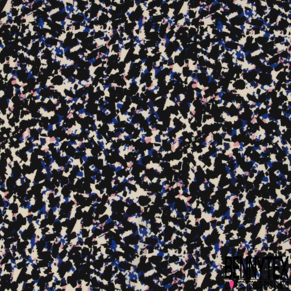 Crêpe polyester fin imprimé géométrique bleu nuit blanc fond vert chromé