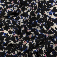 Crêpe polyester fin imprimé géométrique bleu nuit blanc fond vert chromé