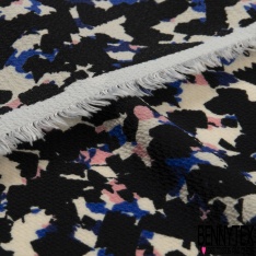 Crêpe polyester fin imprimé géométrique bleu nuit blanc fond vert chromé
