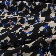 Crêpe polyester fin imprimé géométrique bleu nuit blanc fond vert chromé