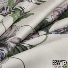 Satin polyester motif zébrure vert Brésil rose fond vert d'eau