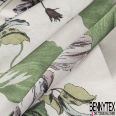 Satin polyester motif zébrure vert Brésil rose fond vert d'eau