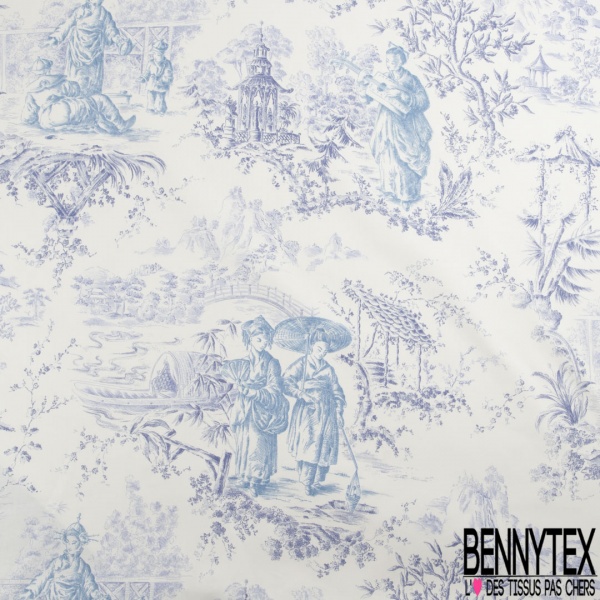 Gabardine de coton satiné haute Couture imprimé toile de jouy indigo fond jaune pastel