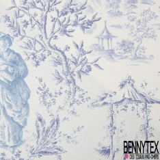 Gabardine de coton satiné haute Couture imprimé toile de jouy indigo fond jaune pastel