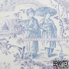 Gabardine de coton satiné haute Couture imprimé toile de jouy indigo fond jaune pastel