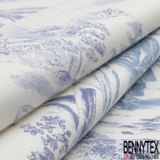 Gabardine de coton satiné haute Couture imprimé toile de jouy indigo fond jaune pastel