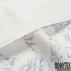 Gabardine de coton satiné haute Couture imprimé toile de jouy indigo fond jaune pastel