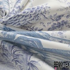 Gabardine de coton satiné haute Couture imprimé toile de jouy indigo fond jaune pastel