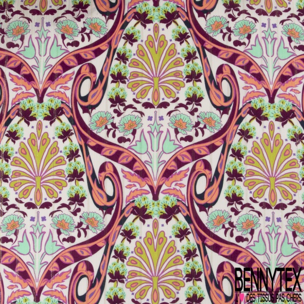 Coupon 3m Fibranne viscose imprimé cachemire vintage multicolore fond blanc cassé fine rayure verticale lurex argent