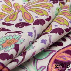 Coupon 3m Fibranne viscose imprimé cachemire vintage multicolore fond blanc cassé fine rayure verticale lurex argent
