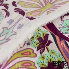 Coupon 3m Fibranne viscose imprimé cachemire vintage multicolore fond blanc cassé fine rayure verticale lurex argent