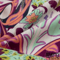 Coupon 3m Fibranne viscose imprimé cachemire vintage multicolore fond blanc cassé fine rayure verticale lurex argent