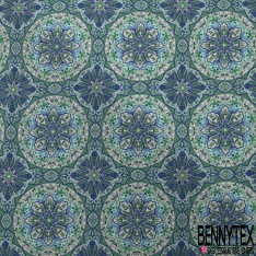 Coupon 3m Fibranne viscose imprimé kaleidoscope ton vert bleu fond blanc discret