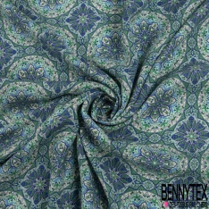 Coupon 3m Fibranne viscose imprimé kaleidoscope ton vert bleu fond blanc discret