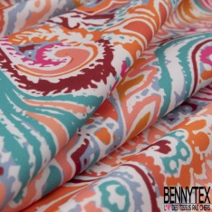 Drap polyester grand imprimé floral multicolore aquarelle fond bleu ciel pastel
