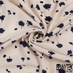 Drap polyester imprimé abstrait marine bleu nuit rose trémière blanc cassé
