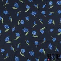 Double crêpe fluide imprimé tulipe bleue fond navy