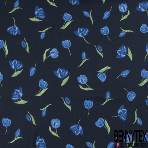 Double crêpe fluide imprimé tulipe bleue fond navy