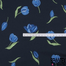 Double crêpe fluide imprimé tulipe bleue fond navy