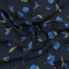 Double crêpe fluide imprimé tulipe bleue fond navy