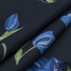 Double crêpe fluide imprimé tulipe bleue fond navy