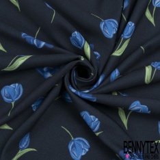 Double crêpe fluide imprimé tulipe bleue fond navy