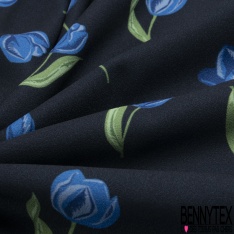 Double crêpe fluide imprimé tulipe bleue fond navy