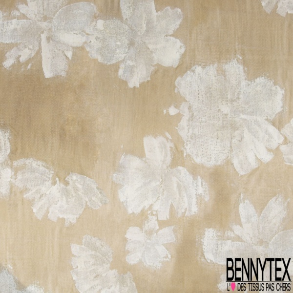 Satin polyester motif floral cachemire fond bleu ciel