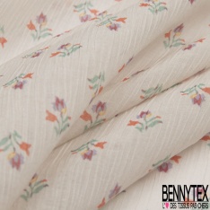 Mousseline crépon coton soie motif petite tulipe fond mastique petite laize
