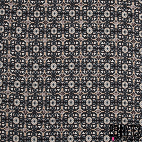 Coupon 3m fibranne viscose satiné imprimé grande fleur bleu fond blanc cassé