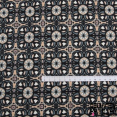 Coupon 3m fibranne viscose satiné imprimé grande fleur bleu fond blanc cassé