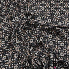 Coupon 3m fibranne viscose satiné imprimé grande fleur bleu fond blanc cassé