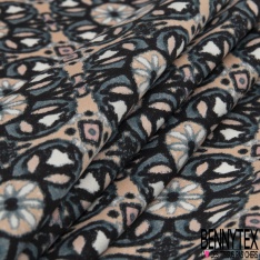 Coupon 3m fibranne viscose satiné imprimé grande fleur bleu fond blanc cassé